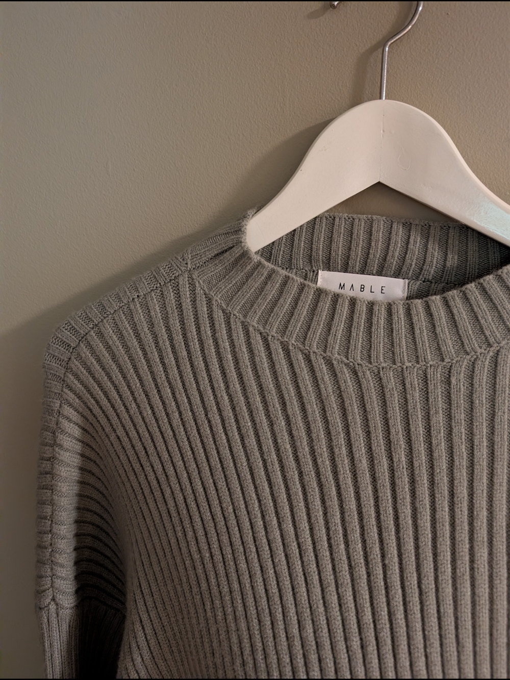 MABLE Chunky Ribbed Crewneck Crop Sweater in Sage